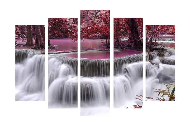 Stor Canvastavla i 5 delar 105x70 cm - Vattenfall omgiven av lila och röda träd - Lila / Röd / Vit - Inredning - Tavlor & posters - Canvastavla