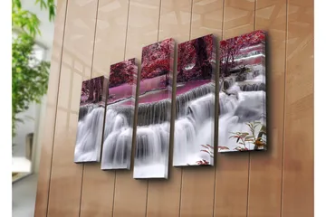 Stor Canvastavla i 5 delar 105x70 cm - Vattenfall omgiven av lila och röda träd - Lila / Röd / Vit - Inredning - Tavlor & posters - Canvastavla