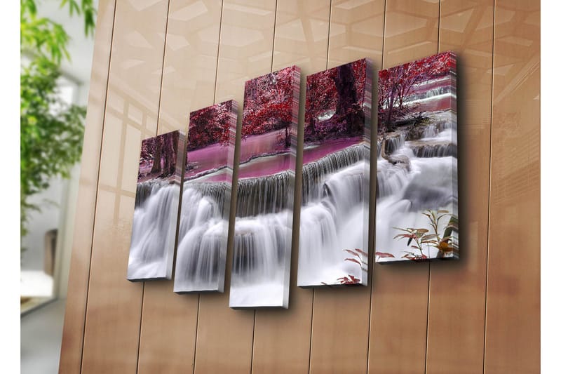 Stor Canvastavla i 5 delar 105x70 cm - Vattenfall omgiven av lila och röda träd - Lila / Röd / Vit - Inredning - Tavlor & posters - Canvastavla