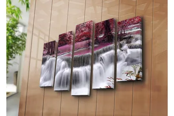 Stor Canvastavla i 5 delar 105x70 cm - Vattenfall omgiven av lila och röda träd - Lila / Röd / Vit - Inredning - Tavlor & posters - Canvastavla