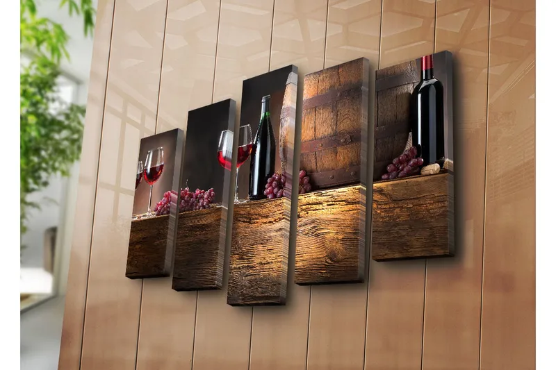 Stor Canvastavla i 5 delar 105x70 cm - Viner och druvor i en rustik miljö - Röd / Brun / Lila - Inredning - Tavlor & posters - Canvastavla