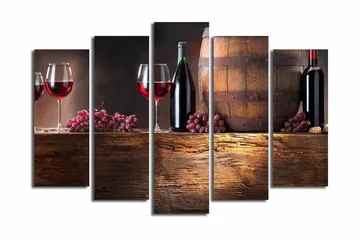 Stor Canvastavla i 5 delar 105x70 cm - Viner och druvor i en rustik miljö - Röd / Brun / Lila - Inredning - Tavlor & posters - Canvastavla