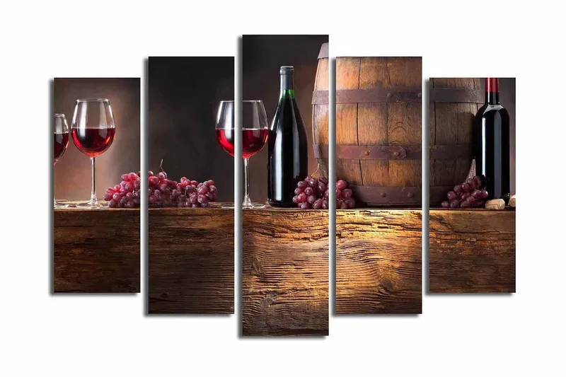 Stor Canvastavla i 5 delar 105x70 cm - Viner och druvor i en rustik miljö - Röd / Brun / Lila - Inredning - Tavlor & posters - Canvastavla