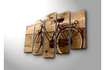 Stor Canvastavla i 5 delar 105x70 cm - Vintage cykel lutad mot en vägg - Svart / Beige / Brun - Inredning - Tavlor & posters - Canvastavla