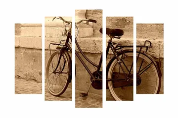 Stor Canvastavla i 5 delar 105x70 cm - Vintage cykel lutad mot en vägg - Svart / Beige / Brun - Inredning - Tavlor & posters - Canvastavla