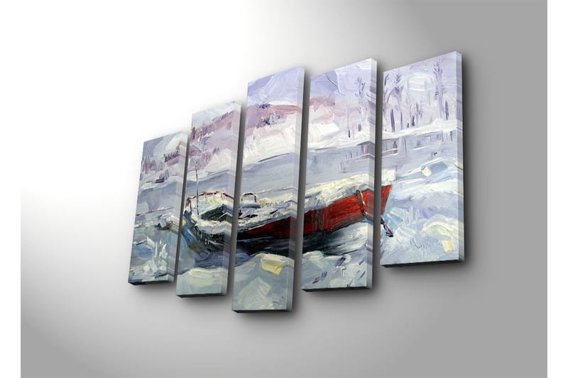 Stor Canvastavla i 5 delar 105x70 cm - Vinterlandskap med en båt i snö och is - Ljusblå / Vit / Röd - Inredning - Tavlor & posters - Canvastavla