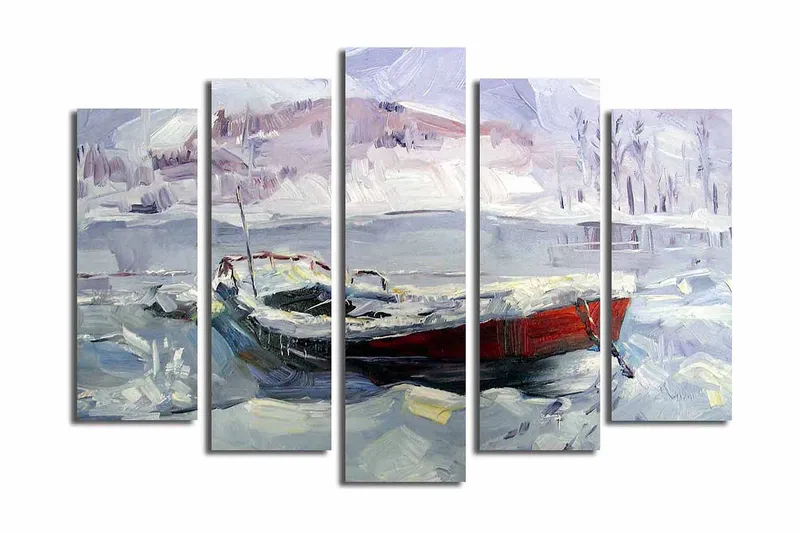 Stor Canvastavla i 5 delar 105x70 cm - Vinterlandskap med en båt i snö och is - Ljusblå / Vit / Röd - Inredning - Tavlor & posters - Canvastavla