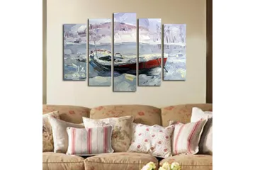 Stor Canvastavla i 5 delar 105x70 cm - Vinterlandskap med en båt i snö och is - Ljusblå / Vit / Röd - Inredning - Tavlor & posters - Canvastavla
