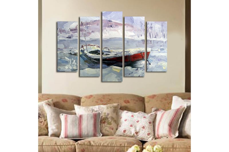 Stor Canvastavla i 5 delar 105x70 cm - Vinterlandskap med en båt i snö och is - Ljusblå / Vit / Röd - Inredning - Tavlor & posters - Canvastavla