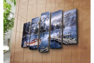 Stor Canvastavla i 5 delar 105x70 cm - Vinterlandskap med en båt vid en stilla sjö - Blå / Vit / Grå - Inredning - Tavlor & posters - Canvastavla