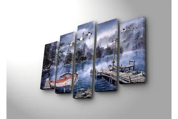 Stor Canvastavla i 5 delar 105x70 cm - Vinterlandskap med en båt vid en stilla sjö - Blå / Vit / Grå - Inredning - Tavlor & posters - Canvastavla