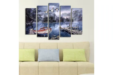 Stor Canvastavla i 5 delar 105x70 cm - Vinterlandskap med en båt vid en stilla sjö - Blå / Vit / Grå - Inredning - Tavlor & posters - Canvastavla