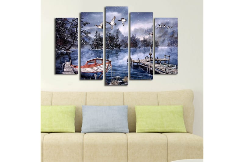 Stor Canvastavla i 5 delar 105x70 cm - Vinterlandskap med en båt vid en stilla sjö - Blå / Vit / Grå - Inredning - Tavlor & posters - Canvastavla