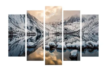Stor Canvastavla i 5 delar 105x70 cm - Vinterlandskap med snöklädda berg och spegelblanka sjöar - Vit / Blå / Grå - Inredning - Tavlor & posters - Canvastavla