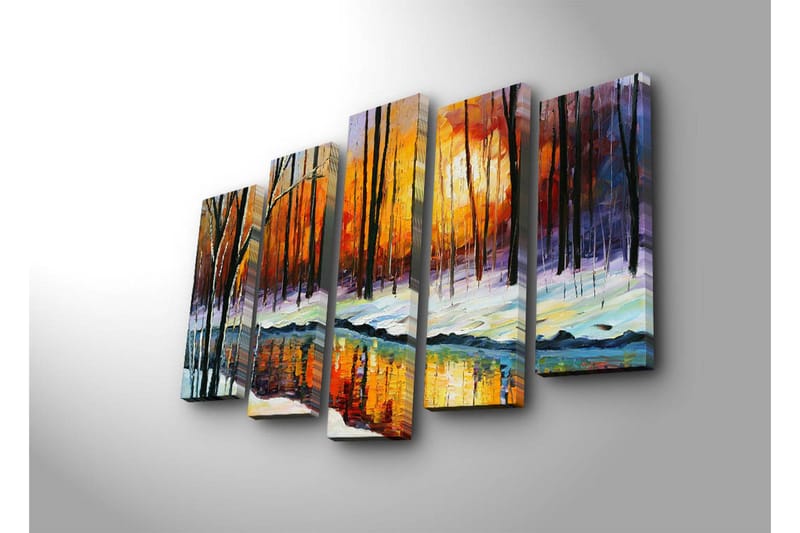 Stor Canvastavla i 5 delar 105x70 cm - Vinterlandskap med solnedgång och spegelbild i en stilla sjö - Orange / Svart / Vitt - Inredning - Tavlor & posters - Canvastavla