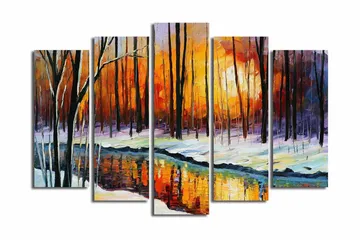 Stor Canvastavla i 5 delar 105x70 cm - Vinterlandskap med solnedgång och spegelbild i en stilla sjö - Orange / Svart / Vitt - Inredning - Tavlor & posters - Canvastavla