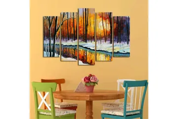 Stor Canvastavla i 5 delar 105x70 cm - Vinterlandskap med solnedgång och spegelbild i en stilla sjö - Orange / Svart / Vitt - Inredning - Tavlor & posters - Canvastavla