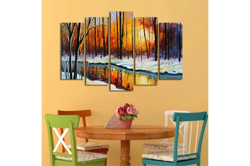 Stor Canvastavla i 5 delar 105x70 cm - Vinterlandskap med solnedgång och spegelbild i en stilla sjö - Orange / Svart / Vitt - Inredning - Tavlor & posters - Canvastavla