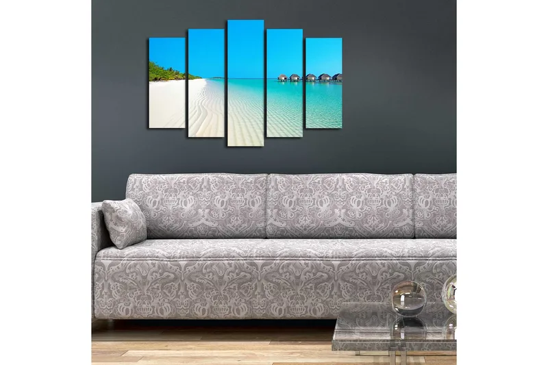 Stor Canvastavla i 5 delar 105x70 cm - Paradislik strand med turkost vatten och palmträd - Blå / Turkos / Vit - Inredning - Tavlor & posters - Canvastavla