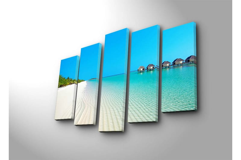Stor Canvastavla i 5 delar 105x70 cm - Paradislik strand med turkost vatten och palmträd - Blå / Turkos / Vit - Inredning - Tavlor & posters - Canvastavla