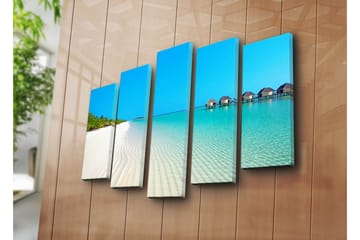 Stor Canvastavla i 5 delar 105x70 cm - Paradislik strand med turkost vatten och palmträd - Blå / Turkos / Vit - Inredning - Tavlor & posters - Canvastavla