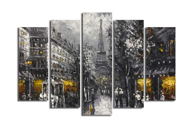 Stor Canvastavla i 5 delar 105x70 cm - Parisisk stadsbild med Eiffeltornet i skymningen - Grå / Svart / Guld - Inredning - Tavlor & posters - Canvastavla