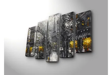 Stor Canvastavla i 5 delar 105x70 cm - Parisisk stadsbild med Eiffeltornet i skymningen - Grå / Svart / Guld - Inredning - Tavlor & posters - Canvastavla