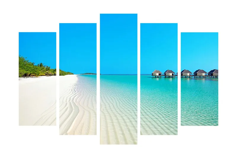 Stor Canvastavla i 5 delar 105x70 cm - Paradislik strand med turkost vatten och palmträd - Blå / Turkos / Vit - Inredning - Tavlor & posters - Canvastavla