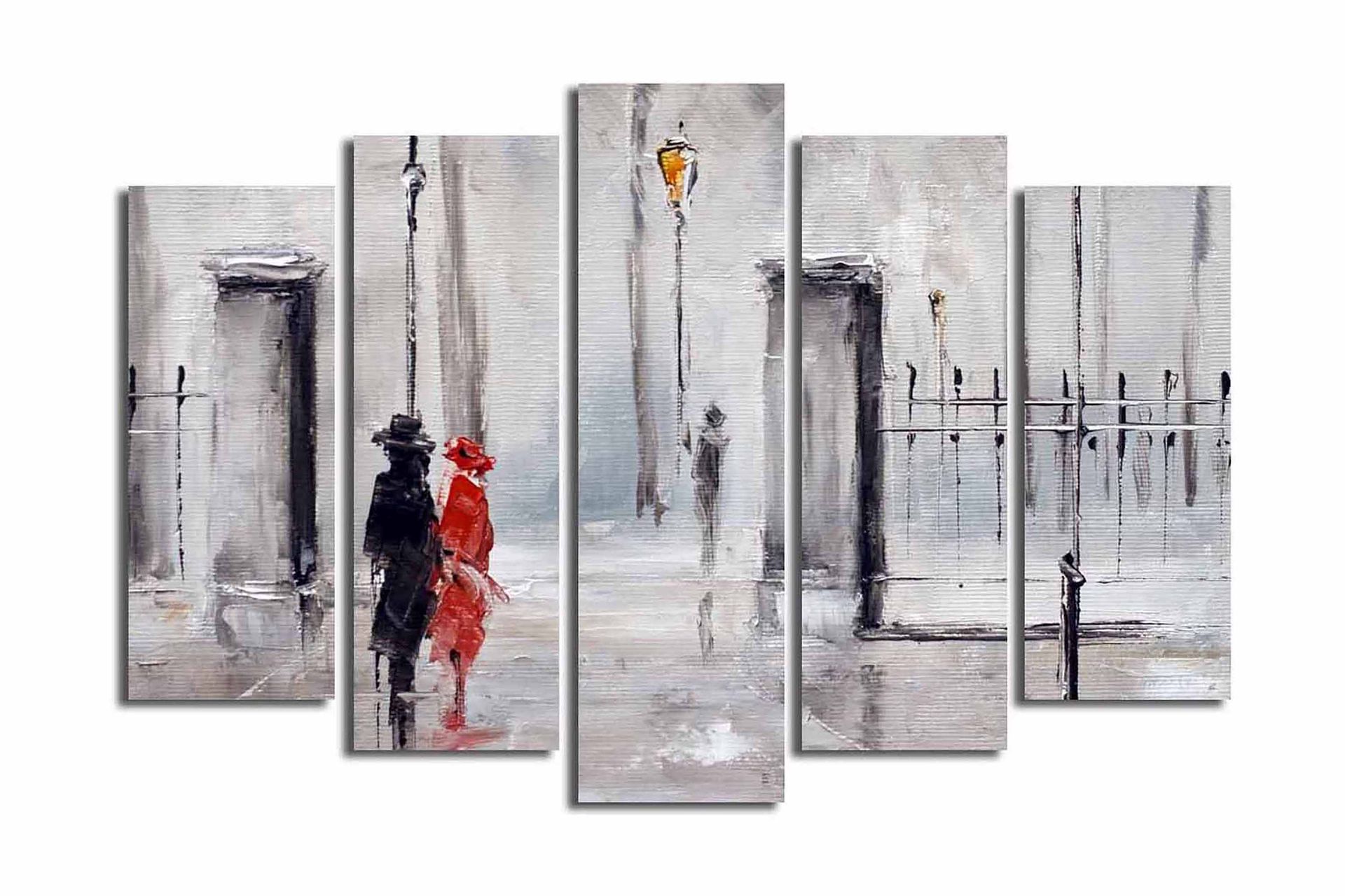 Stor Canvastavla i 5 delar 105x70 cm - Par i regn med en röd klänning och svart kostym - Röd / Svart / Grå
