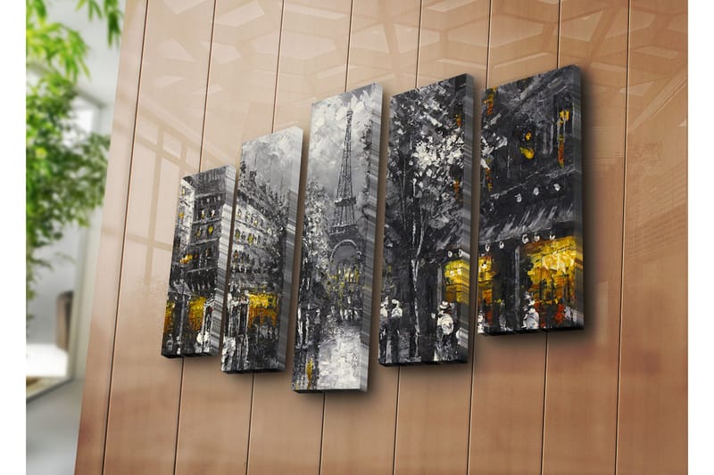 Stor Canvastavla i 5 delar 105x70 cm - Parisisk stadsbild med Eiffeltornet i skymningen - Grå / Svart / Guld - Inredning - Tavlor & posters - Canvastavla