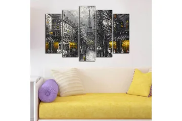 Stor Canvastavla i 5 delar 105x70 cm - Parisisk stadsbild med Eiffeltornet i skymningen - Grå / Svart / Guld - Inredning - Tavlor & posters - Canvastavla