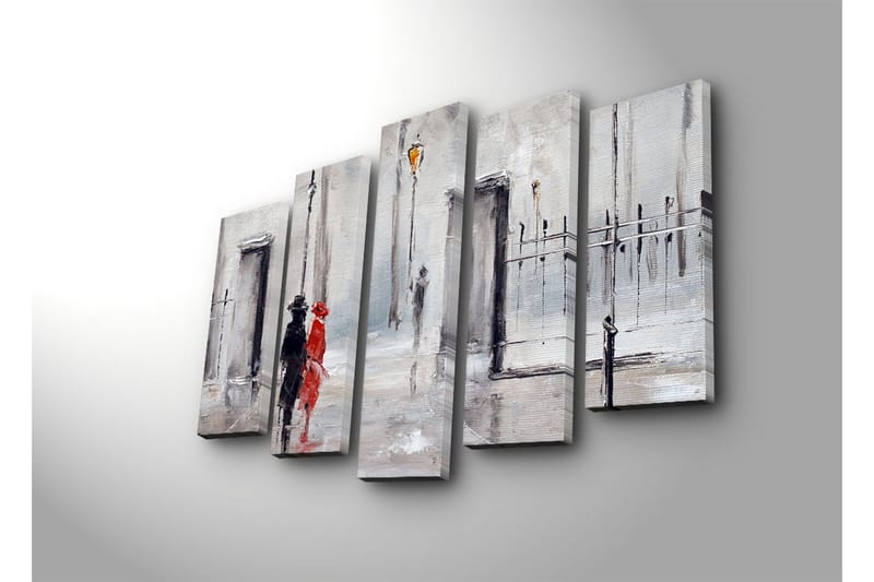 Stor Canvastavla i 5 delar 105x70 cm - Par i regn med en röd klänning och svart kostym - Röd / Svart / Grå - Inredning - Tavlor & posters - Canvastavla