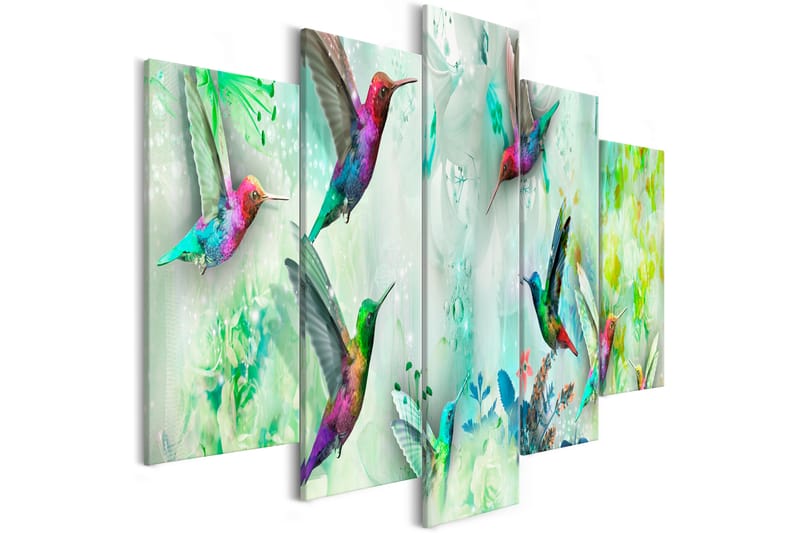 Tavla Colourful Hummingbirds 5 Parts Wide Green 200x100 - Artgeist sp. z o. o. - Canvastavla