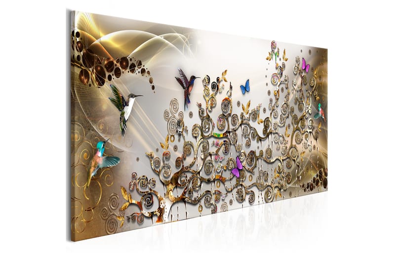 Tavla Hummingbirds Dance (1 Part) Gold Narrow 150x50 - Artgeist sp. z o. o. - Canvastavla