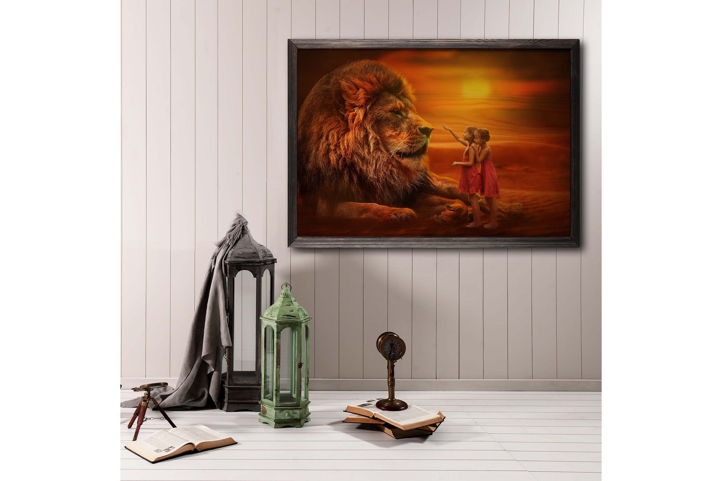 Girls Looking At Lion Foto Orange 70x50 cm