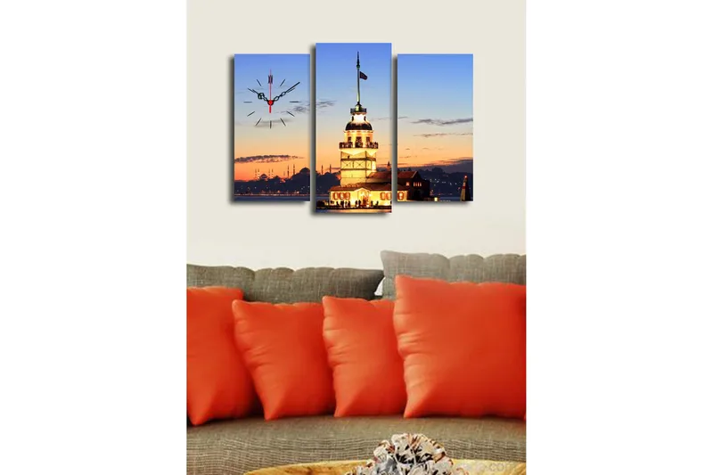 Dekorativ Canvasmålning med Klocka 3 Delar - Flerfärgad - Inredning - Väggdekor - Väggklocka & väggur