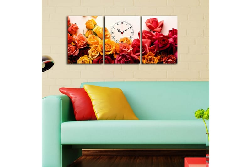 Dekorativ Canvasmålning med Klocka 3 Delar - Flerfärgad - Inredning - Väggdekor - Väggklocka & väggur