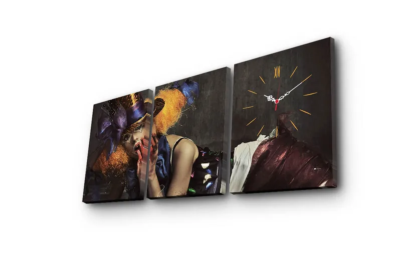 Dekorativ Canvasmålning med Klocka 3 Delar - Flerfärgad - Inredning - Väggdekor - Väggklocka & väggur