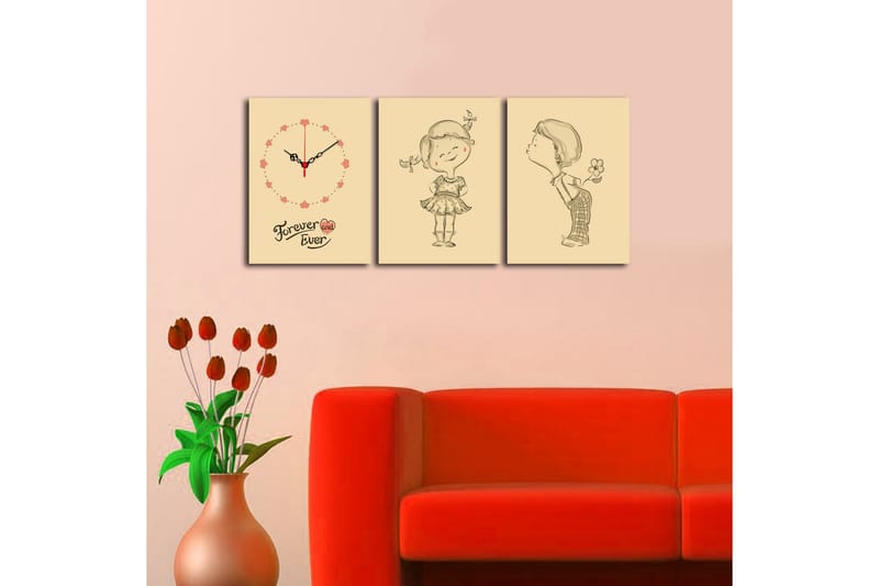 Dekorativ Canvasmålning med Klocka 3 Delar - Flerfärgad - Inredning - Väggdekor - Väggklocka & väggur