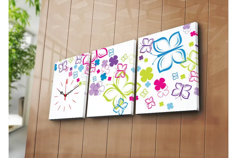 Dekorativ Canvasmålning med Klocka 3 Delar - Flerfärgad - Inredning - Väggdekor - Väggklocka & väggur