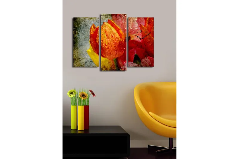 Dekorativ Canvasmålning med Klocka 3 Delar - Flerfärgad - Inredning - Väggdekor - Väggklocka & väggur