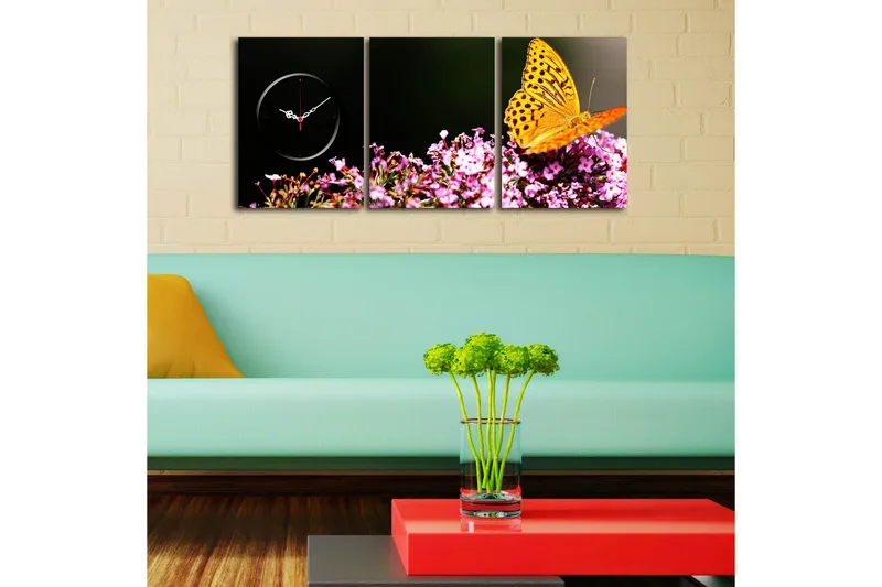 Dekorativ Canvasmålning med Klocka 3 Delar - Flerfärgad - Inredning - Väggdekor - Väggklocka & väggur