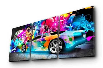 Dekorativ Canvasmålning med Klocka 3 Delar - Flerfärgad - Inredning - Väggdekor - Väggklocka & väggur