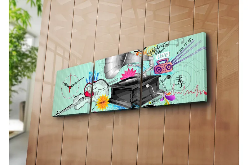 Dekorativ Canvasmålning med Klocka 3 Delar, Flerfärgad