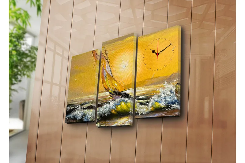 Dekorativ Canvasmålning med Klocka 3 Delar - Flerfärgad - Inredning - Väggdekor - Väggklocka & väggur