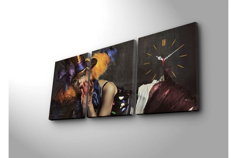 Dekorativ Canvasmålning med Klocka 3 Delar - Flerfärgad - Inredning - Väggdekor - Väggklocka & väggur