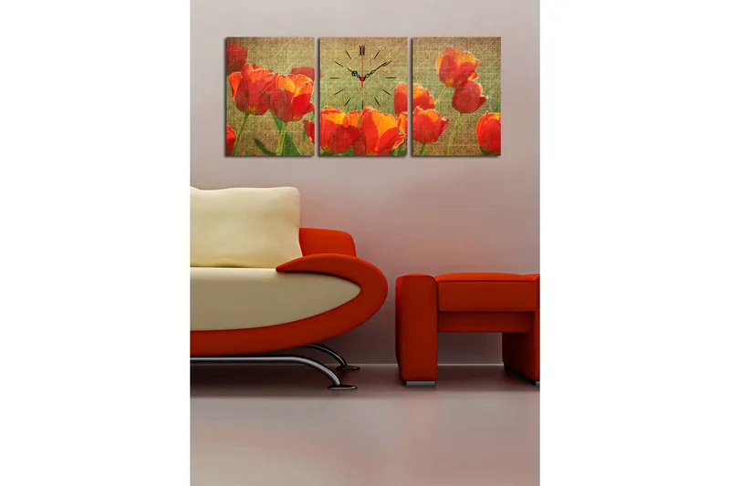 Dekorativ Canvasmålning med Klocka 3 Delar - Flerfärgad - Inredning - Väggdekor - Väggklocka & väggur