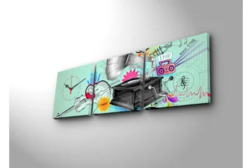 Dekorativ Canvasmålning med Klocka 3 Delar - Flerfärgad - Inredning - Väggdekor - Väggklocka & väggur