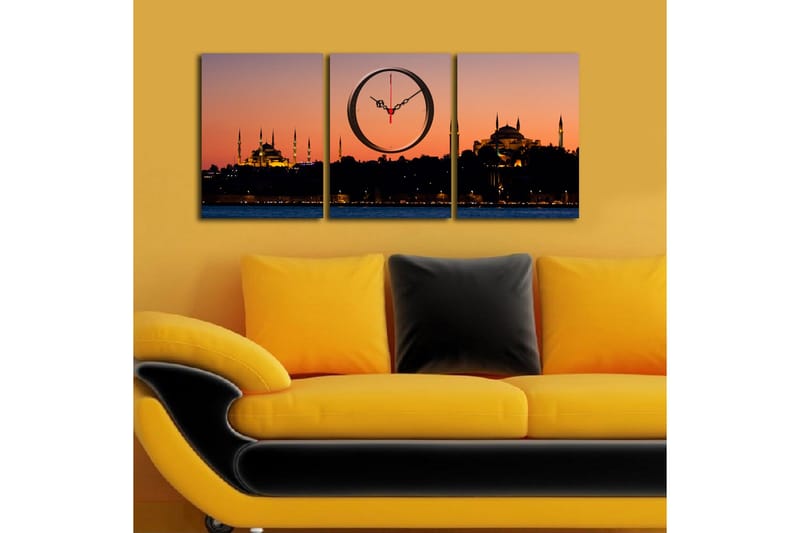 Dekorativ Canvasmålning med Klocka 3 Delar - Flerfärgad - Inredning - Väggdekor - Väggklocka & väggur