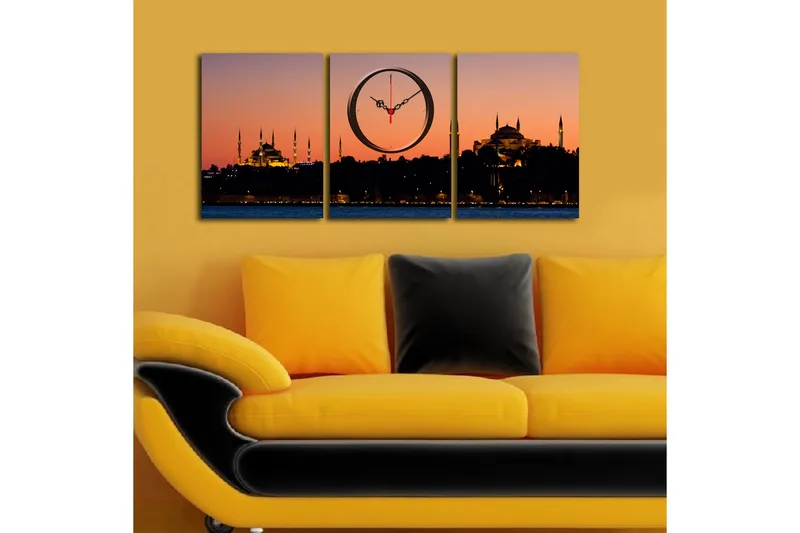 Dekorativ Canvasmålning med Klocka 3 Delar - Flerfärgad - Inredning - Väggdekor - Väggklocka & väggur